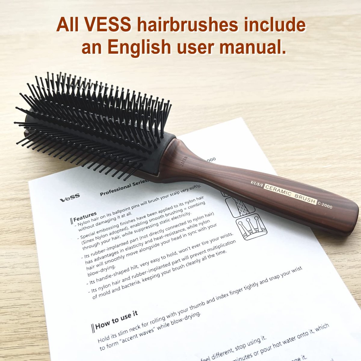 VESS C-2000 Professional Tourmaline Ceramic Hair Brush – 9 Row Round Tip Curved Pad for All Hair Types - görsel 5