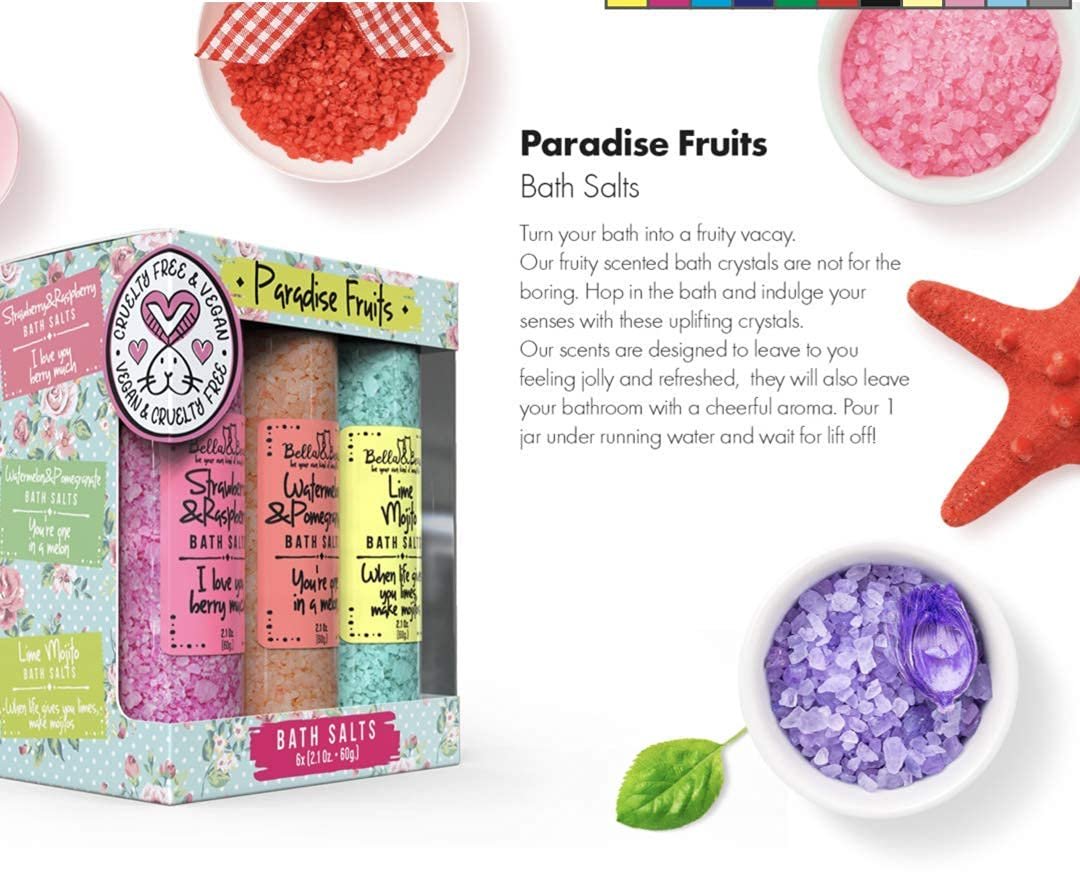 Bella & Bear Paradise Fruits Bath Salts – 6 Pack Relaxing Spa & Foot Soak – Vegan & Cruelty-Free Fruity Scented Bath Soak Gift Set Avelisse