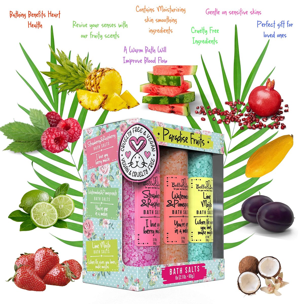 Bella & Bear Paradise Fruits Bath Salts – 6 Pack Relaxing Spa & Foot Soak – Vegan & Cruelty-Free Fruity Scented Bath Soak Gift Set Avelisse