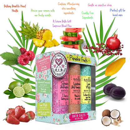 Bella & Bear Paradise Fruits Bath Salts – 6 Pack Relaxing Spa & Foot Soak – Vegan & Cruelty-Free Fruity Scented Bath Soak Gift Set Avelisse