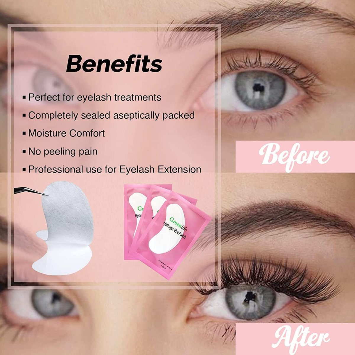 GreenLife 50 Pairs Eye Pads – 100% Natural Collagen & Aloe Vera Hydrogel Under Eye Gel Patches for Eyelash Extension Supplies - görsel 13