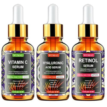 Wumal 3 Pack Face Serum Set - Vitamin C, Retinol & Hyaluronic Acid - Firming, Brightening & Hydrating Serum Trio for Day and Night