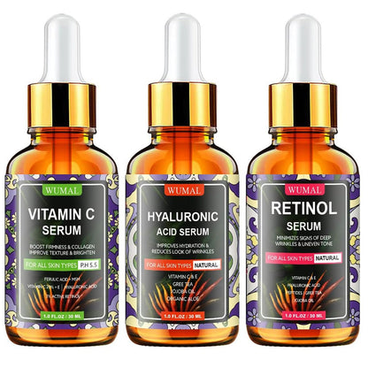 Wumal 3 Pack Face Serum Set - Vitamin C, Retinol & Hyaluronic Acid - Firming, Brightening & Hydrating Serum Trio for Day and Night