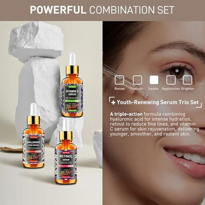 Wumal 3 Pack Face Serum Set - Vitamin C, Retinol & Hyaluronic Acid - Firming, Brightening & Hydrating Serum Trio for Day and Night