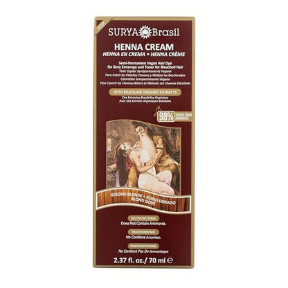 Surya Brasil Henna Cream Golden Blonde - 98% Natural, Vegan, Cruelty-Free Semi-Permanent Hair Color - 2.37 oz Avelisse