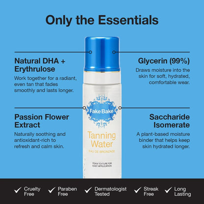 Fake Bake Foam Tanning Water Self Tanner Instant Glow with Hydrating Passion Flower Rejuvenation - Natural Looking Sunless Bronzing for Women & Men - 6.7 oz Avelisse