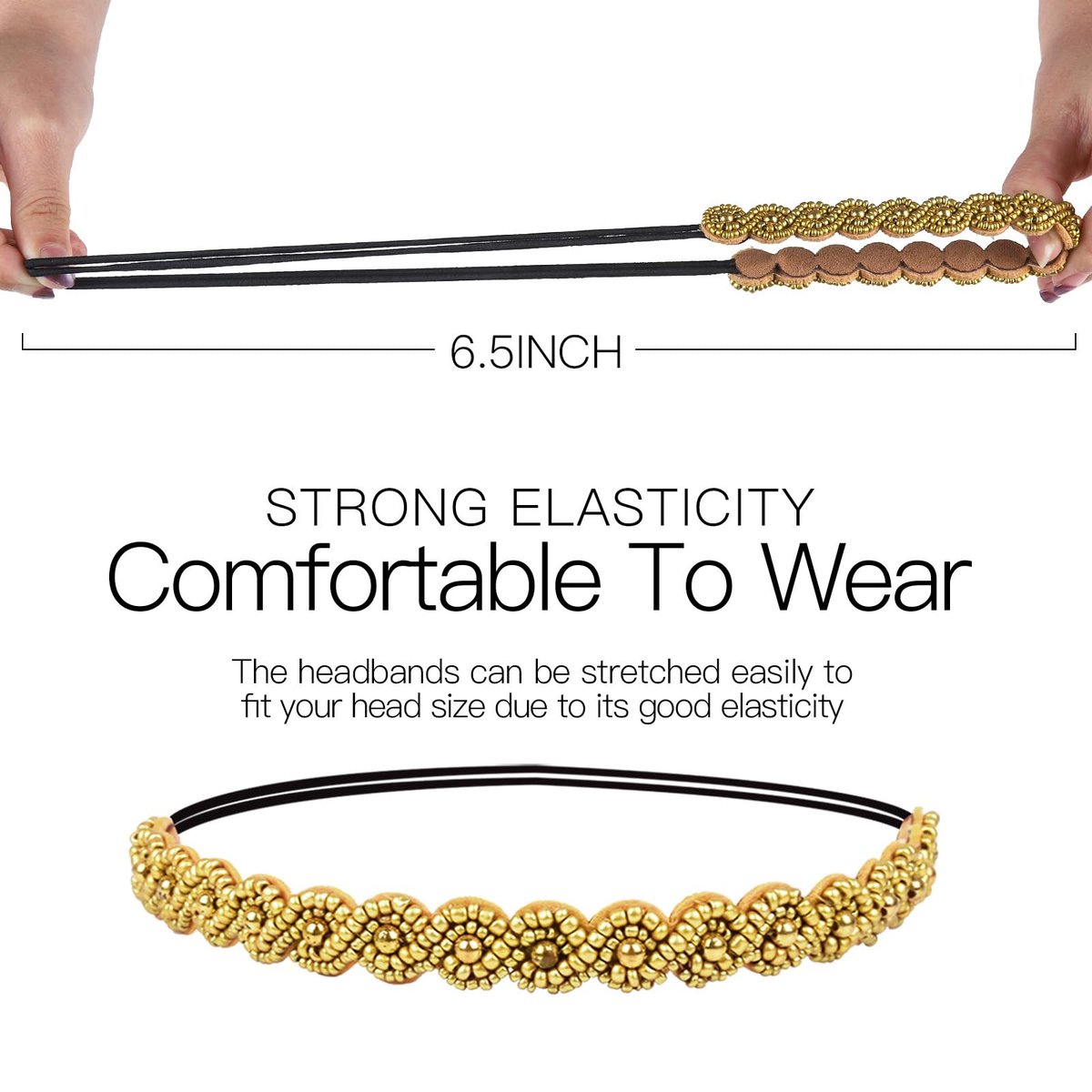 Teenitor 6-Pack Elastic Beaded Headbands for Women - Faux Leather Rhinestone Hair Bands, Multi-Color Set (20-26.8 Inches) Avelisse