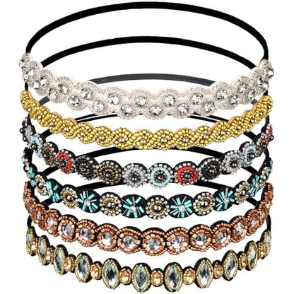 Teenitor 6-Pack Elastic Beaded Headbands for Women - Faux Leather Rhinestone Hair Bands, Multi-Color Set (20-26.8 Inches) Avelisse