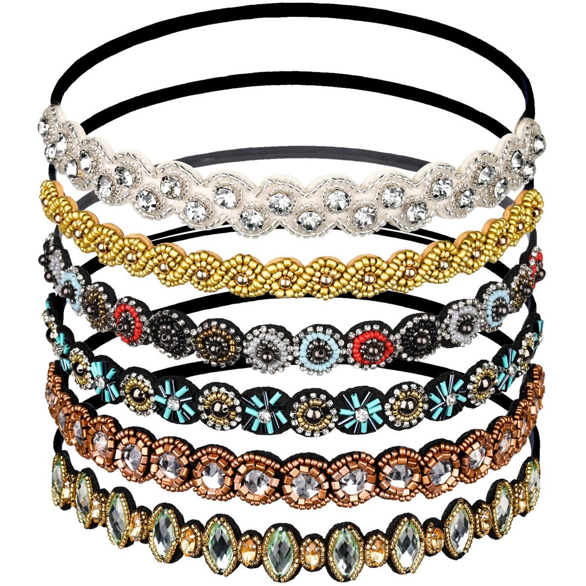 Teenitor 6-Pack Elastic Beaded Headbands for Women - Faux Leather Rhinestone Hair Bands, Multi-Color Set (20-26.8 Inches) Avelisse