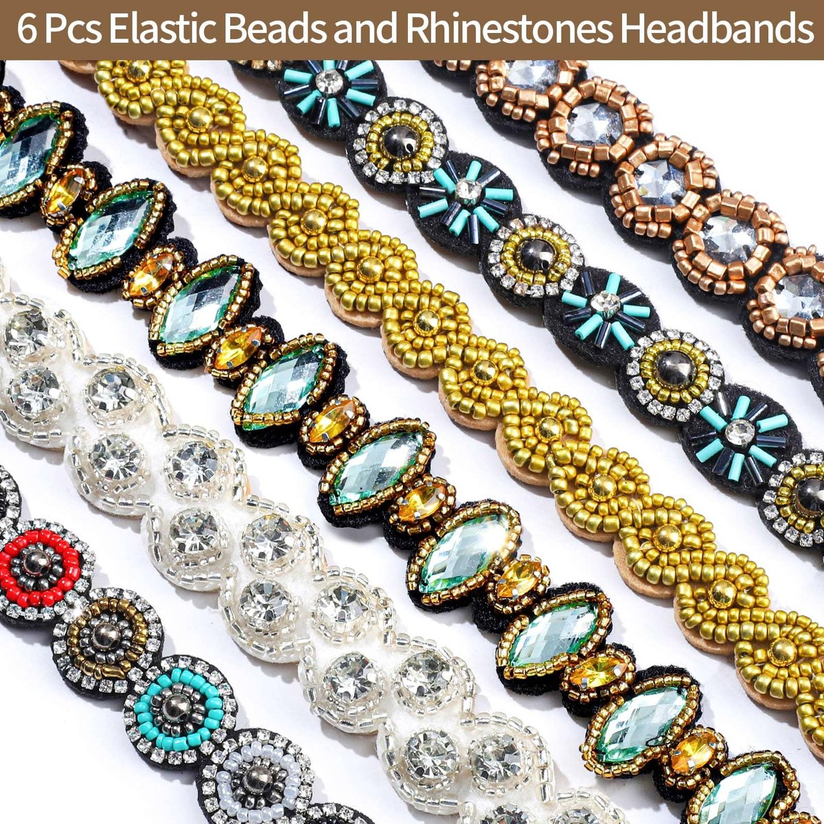 Teenitor 6-Pack Elastic Beaded Headbands for Women - Faux Leather Rhinestone Hair Bands, Multi-Color Set (20-26.8 Inches) Avelisse