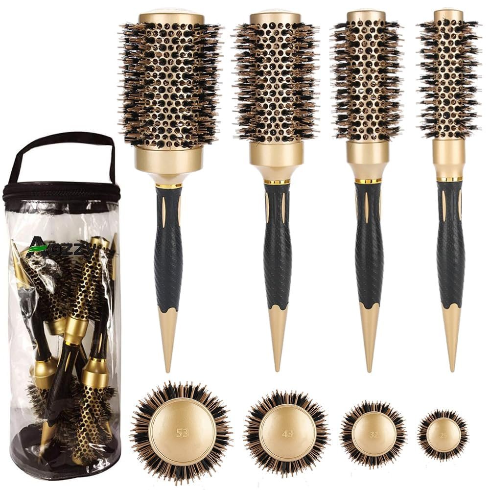 Aozzy Round Hair Brush Set for Blow Drying – Professional Boar Bristle Styling Brush with Nanothermic-Ion Technology, Vented Ceramic Barrel, 4 Size Options, Golden - görsel 1