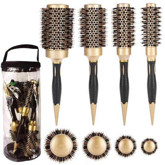 Aozzy Round Hair Brush Set for Blow Drying – Professional Boar Bristle Styling Brush with Nanothermic-Ion Technology, Vented Ceramic Barrel, 4 Size Options, Golden