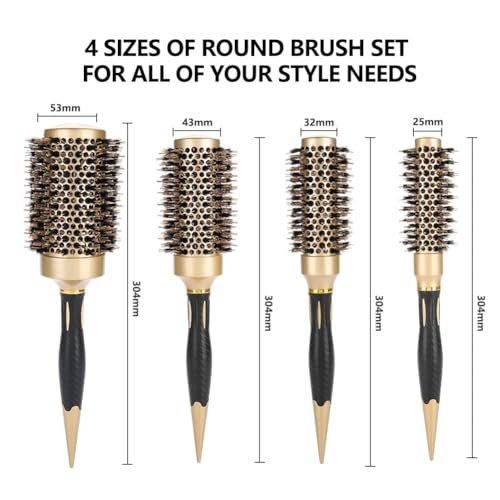 Aozzy Round Hair Brush Set for Blow Drying – Professional Boar Bristle Styling Brush with Nanothermic-Ion Technology, Vented Ceramic Barrel, 4 Size Options, Golden - görsel 4