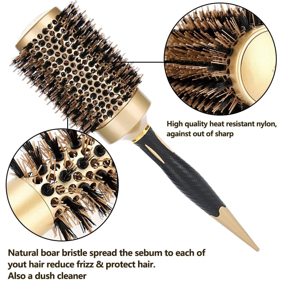 Aozzy Round Hair Brush Set for Blow Drying – Professional Boar Bristle Styling Brush with Nanothermic-Ion Technology, Vented Ceramic Barrel, 4 Size Options, Golden - görsel 5