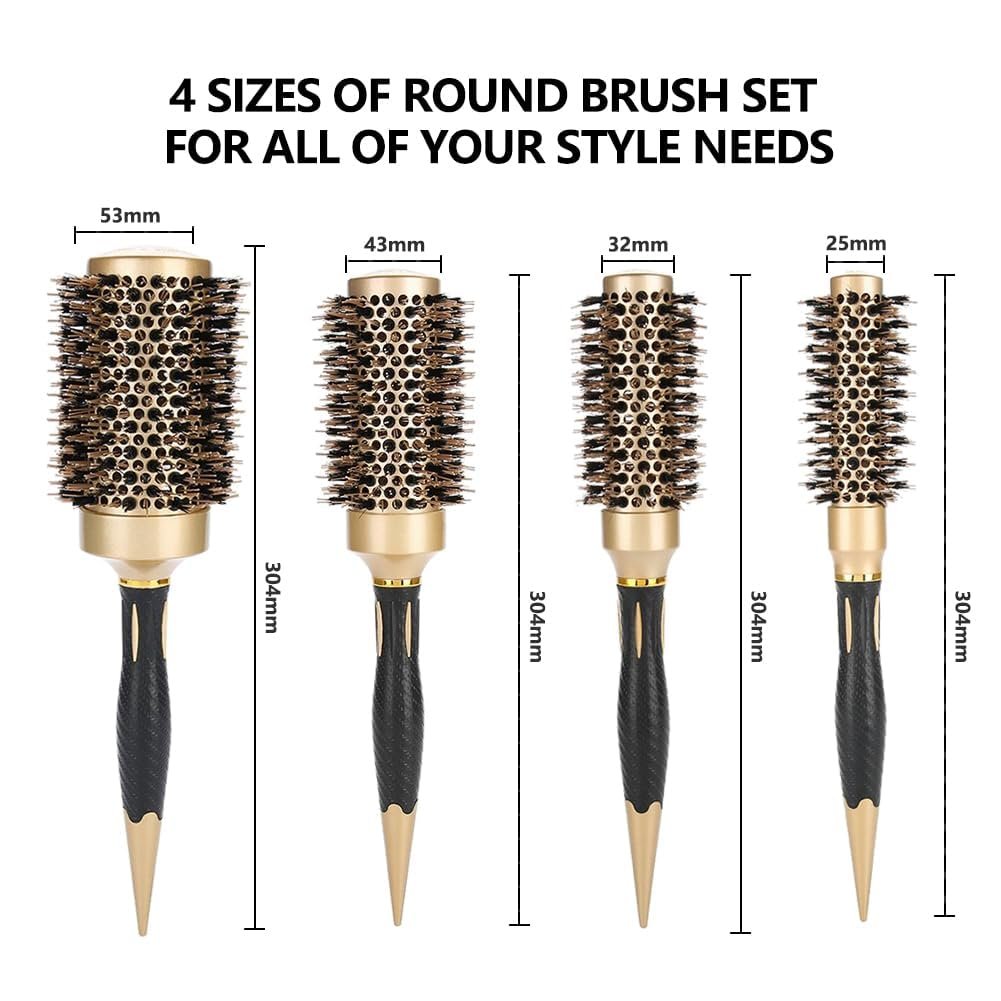 Aozzy Round Hair Brush Set for Blow Drying – Professional Boar Bristle Styling Brush with Nanothermic-Ion Technology, Vented Ceramic Barrel, 4 Size Options, Golden - görsel 3