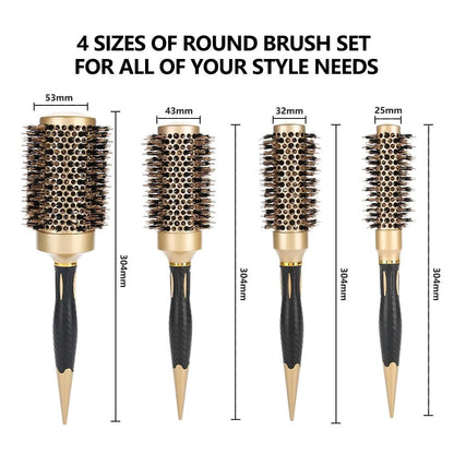 Aozzy Round Hair Brush Set for Blow Drying – Professional Boar Bristle Styling Brush with Nanothermic-Ion Technology, Vented Ceramic Barrel, 4 Size Options, Golden