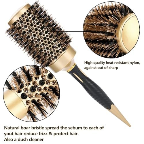 Aozzy Round Hair Brush Set for Blow Drying – Professional Boar Bristle Styling Brush with Nanothermic-Ion Technology, Vented Ceramic Barrel, 4 Size Options, Golden - görsel 6