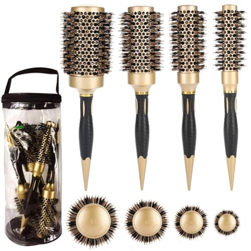 Aozzy Round Hair Brush Set for Blow Drying – Professional Boar Bristle Styling Brush with Nanothermic-Ion Technology, Vented Ceramic Barrel, 4 Size Options, Golden - görsel 2