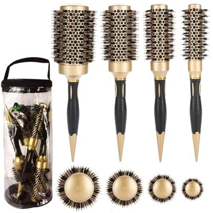 Aozzy Round Hair Brush Set for Blow Drying – Professional Boar Bristle Styling Brush with Nanothermic-Ion Technology, Vented Ceramic Barrel, 4 Size Options, Golden