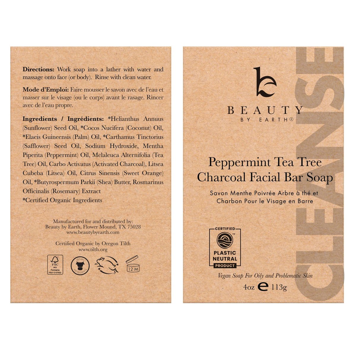 Beauty by Earth Peppermint Tea Tree Charcoal Facial Bar Soap - Natural & Organic Face Wash for Acne, Eczema, Psoriasis - Detoxifying Black Soap for Oily & Sensitive Skin (4 oz) Avelisse