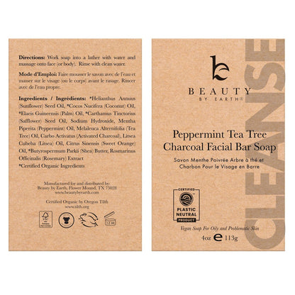 Beauty by Earth Peppermint Tea Tree Charcoal Facial Bar Soap - Natural & Organic Face Wash for Acne, Eczema, Psoriasis - Detoxifying Black Soap for Oily & Sensitive Skin (4 oz) Avelisse