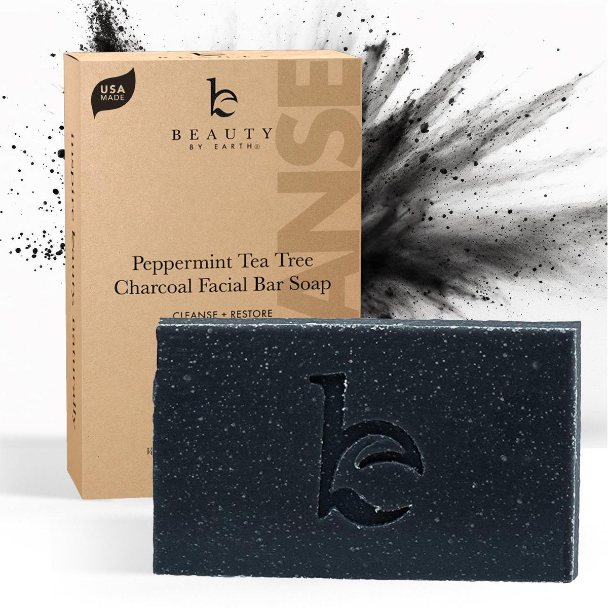Beauty by Earth Peppermint Tea Tree Charcoal Facial Bar Soap - Natural & Organic Face Wash for Acne, Eczema, Psoriasis - Detoxifying Black Soap for Oily & Sensitive Skin (4 oz) Avelisse