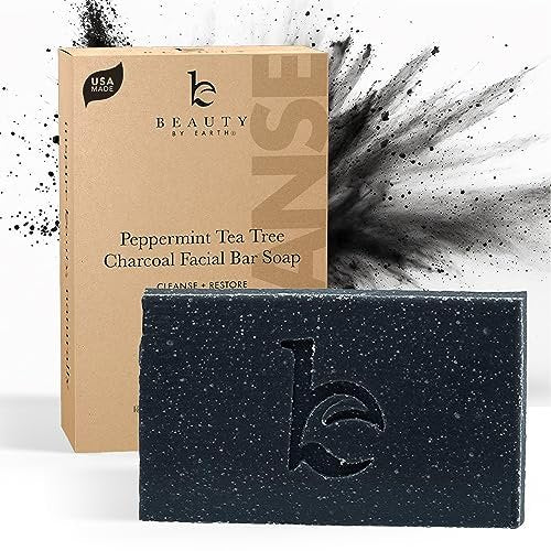 Beauty by Earth Peppermint Tea Tree Charcoal Facial Bar Soap - Natural & Organic Face Wash for Acne, Eczema, Psoriasis - Detoxifying Black Soap for Oily & Sensitive Skin (4 oz) Avelisse