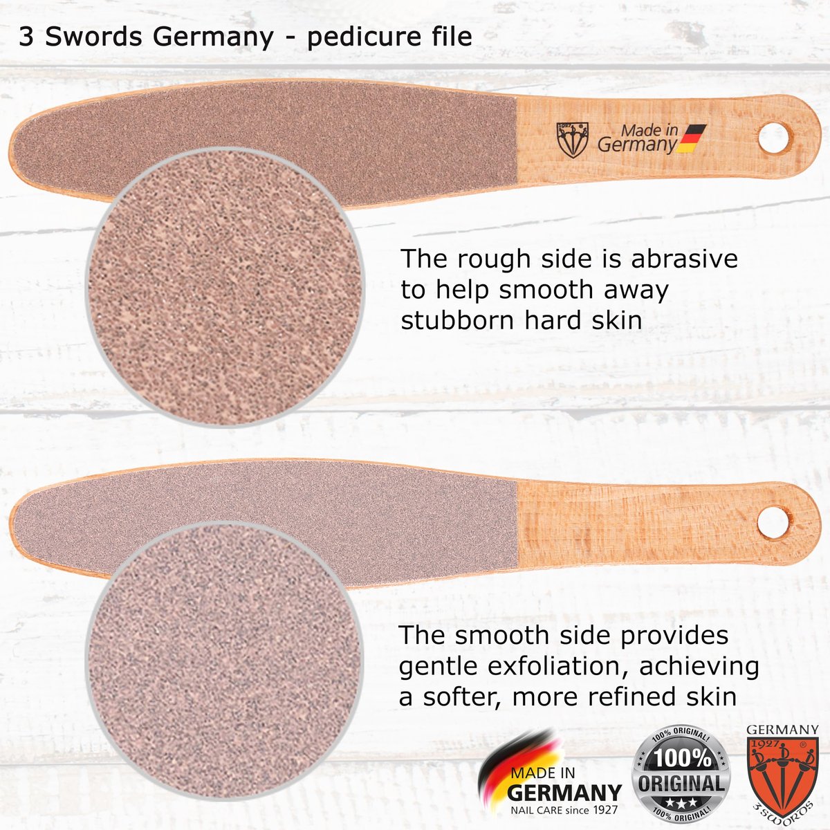 3 Swords Germany Premium Foot File – Natural Beech Wood, Dual-Sided for Smooth & Rough Callus Removal, Made in Germany Avelisse
