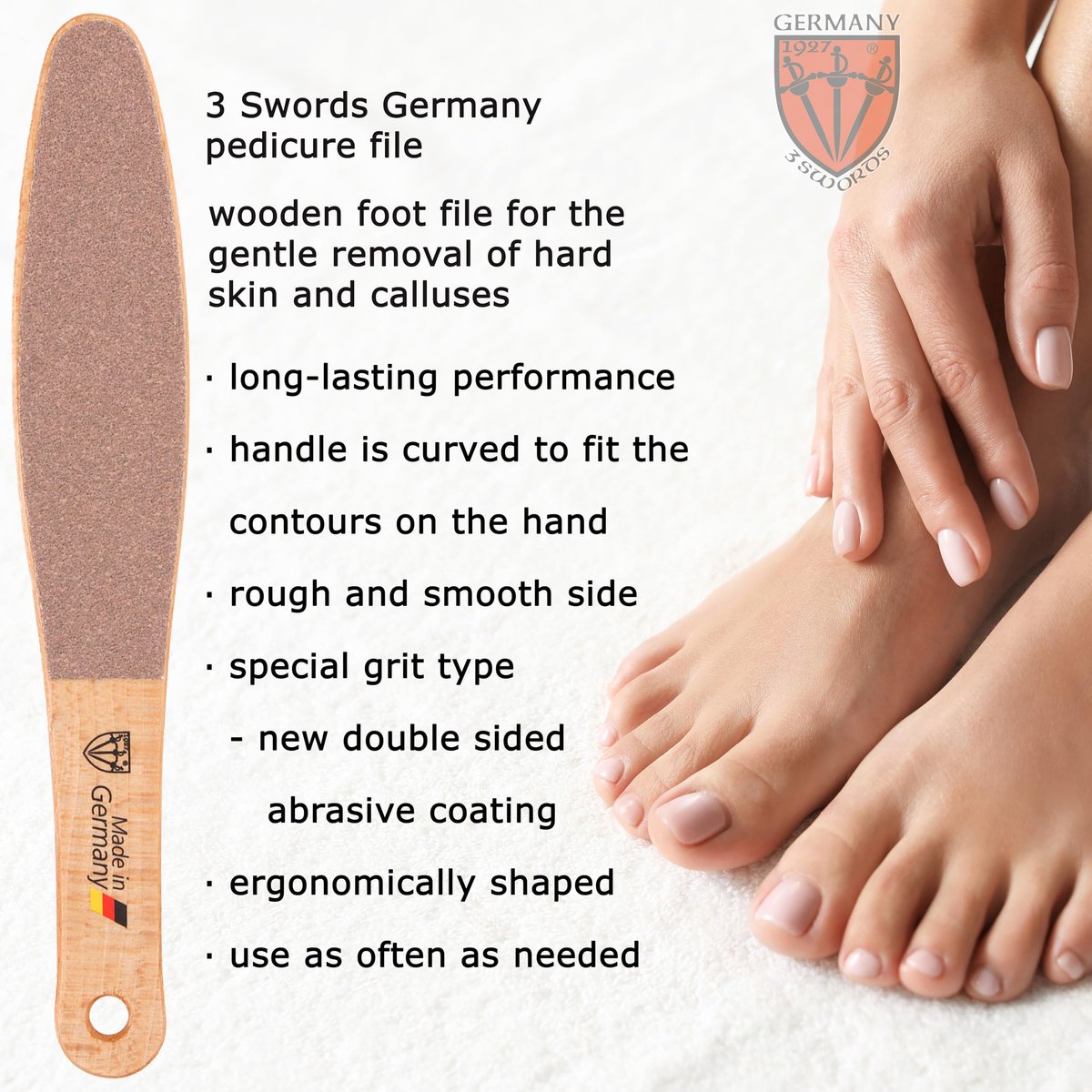 3 Swords Germany Premium Foot File – Natural Beech Wood, Dual-Sided for Smooth & Rough Callus Removal, Made in Germany Avelisse