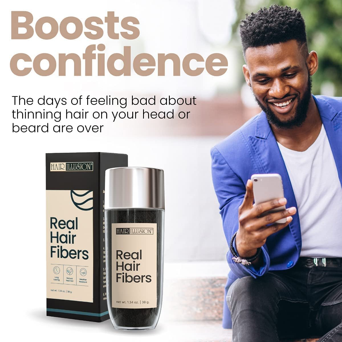 Hair Illusion Black Real Hair Fibers for Thinning Hair – 100% Natural Texture, Non-Synthetic – Bald Spot Cover Up for Women & Men – 38 Gram (Pack of 2) Avelisse