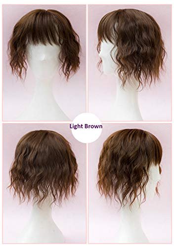 LXUE Curly Hair Topper with Bangs for Women – 10" Light Brown Synthetic Clip-In Hairpiece for Thinning Hair