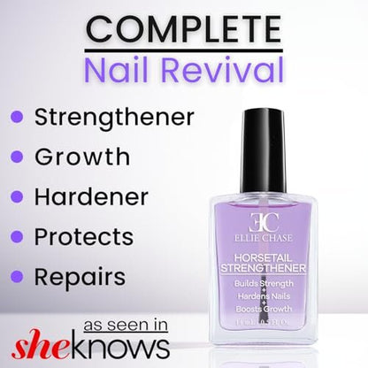 Ellie Chase Horsetail Nail Strengthener & Growth Treatment – Clear Formula, 0.5 oz – Repair Splits, Breaks, Thin, Weak, Chipped, Damaged, Cracked, Peeling Nails – Grow Strong, Hard, Thicker Nails