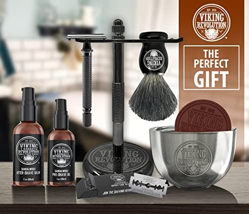 Viking Revolution Luxury Safety Razor Shaving Kit - 7 Piece Set with Double Edge Safety Razor, Stand, Bowl, After-Shave Balm, Pre-Shave Oil, Badger Brush - Black Wood Handle Avelisse