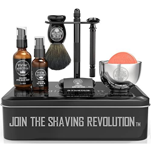 Viking Revolution Luxury Safety Razor Shaving Kit - 7 Piece Set with Double Edge Safety Razor, Stand, Bowl, After-Shave Balm, Pre-Shave Oil, Badger Brush - Black Wood Handle Avelisse