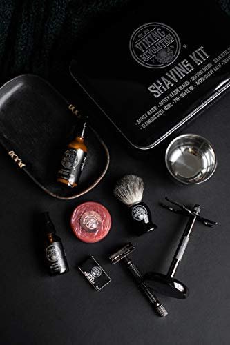 Viking Revolution Luxury Safety Razor Shaving Kit - 7 Piece Set with Double Edge Safety Razor, Stand, Bowl, After-Shave Balm, Pre-Shave Oil, Badger Brush - Black Wood Handle Avelisse