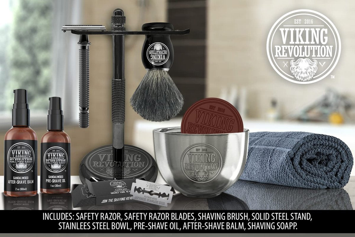 Viking Revolution Luxury Safety Razor Shaving Kit - 7 Piece Set with Double Edge Safety Razor, Stand, Bowl, After-Shave Balm, Pre-Shave Oil, Badger Brush - Black Wood Handle Avelisse