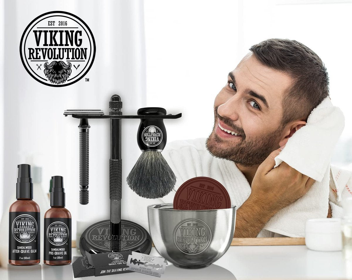 Viking Revolution Luxury Safety Razor Shaving Kit - 7 Piece Set with Double Edge Safety Razor, Stand, Bowl, After-Shave Balm, Pre-Shave Oil, Badger Brush - Black Wood Handle Avelisse