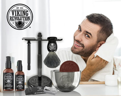Viking Revolution Luxury Safety Razor Shaving Kit - 7 Piece Set with Double Edge Safety Razor, Stand, Bowl, After-Shave Balm, Pre-Shave Oil, Badger Brush - Black Wood Handle Avelisse