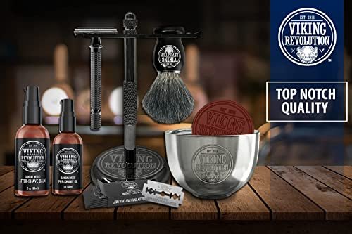 Viking Revolution Luxury Safety Razor Shaving Kit - 7 Piece Set with Double Edge Safety Razor, Stand, Bowl, After-Shave Balm, Pre-Shave Oil, Badger Brush - Black Wood Handle Avelisse