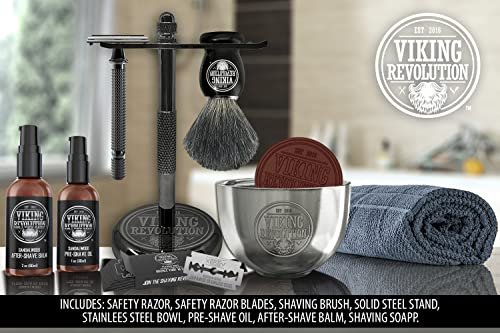 Viking Revolution Luxury Safety Razor Shaving Kit - 7 Piece Set with Double Edge Safety Razor, Stand, Bowl, After-Shave Balm, Pre-Shave Oil, Badger Brush - Black Wood Handle Avelisse