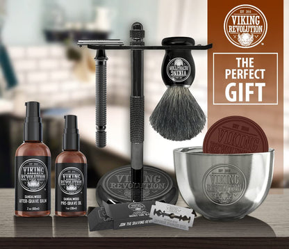 Viking Revolution Luxury Safety Razor Shaving Kit - 7 Piece Set with Double Edge Safety Razor, Stand, Bowl, After-Shave Balm, Pre-Shave Oil, Badger Brush - Black Wood Handle Avelisse