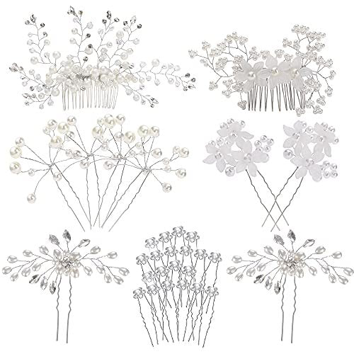 inSowni 30-Piece Silver Wedding Bridal Hair Side Combs & U-Shaped Hair Pins Set with Rhinestone Pearl Baby Breath White Flower Decorations Avelisse
