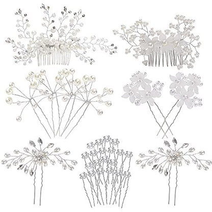 inSowni 30-Piece Silver Wedding Bridal Hair Side Combs & U-Shaped Hair Pins Set with Rhinestone Pearl Baby Breath White Flower Decorations Avelisse