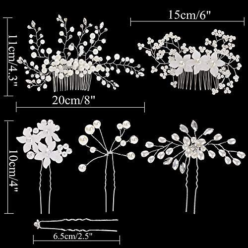 inSowni 30-Piece Silver Wedding Bridal Hair Side Combs & U-Shaped Hair Pins Set with Rhinestone Pearl Baby Breath White Flower Decorations Avelisse