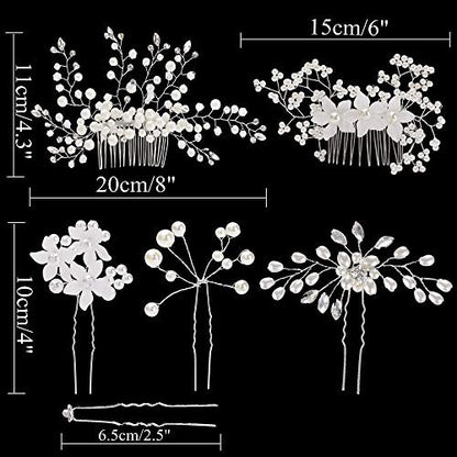 inSowni 30-Piece Silver Wedding Bridal Hair Side Combs & U-Shaped Hair Pins Set with Rhinestone Pearl Baby Breath White Flower Decorations Avelisse