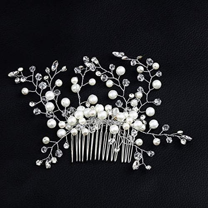 inSowni 30-Piece Silver Wedding Bridal Hair Side Combs & U-Shaped Hair Pins Set with Rhinestone Pearl Baby Breath White Flower Decorations Avelisse