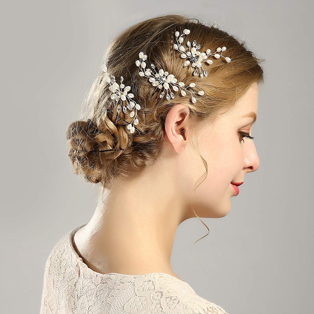 inSowni 30-Piece Silver Wedding Bridal Hair Side Combs & U-Shaped Hair Pins Set with Rhinestone Pearl Baby Breath White Flower Decorations Avelisse