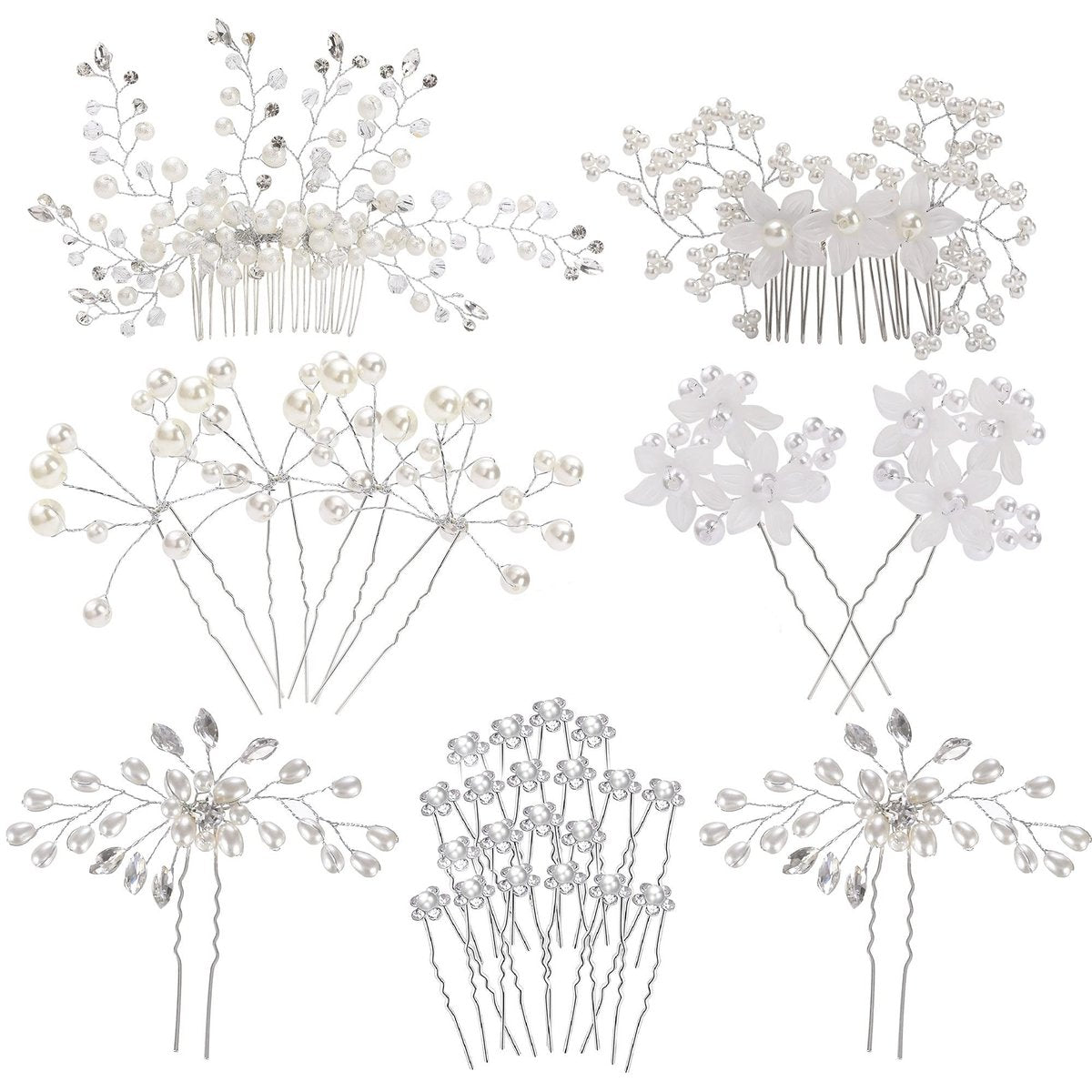 inSowni 30-Piece Silver Wedding Bridal Hair Side Combs & U-Shaped Hair Pins Set with Rhinestone Pearl Baby Breath White Flower Decorations Avelisse