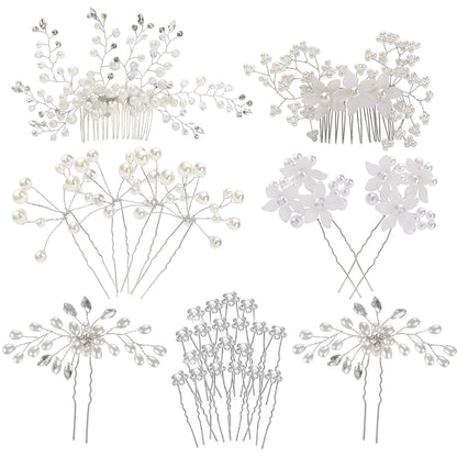 inSowni 30-Piece Silver Wedding Bridal Hair Side Combs & U-Shaped Hair Pins Set with Rhinestone Pearl Baby Breath White Flower Decorations Avelisse