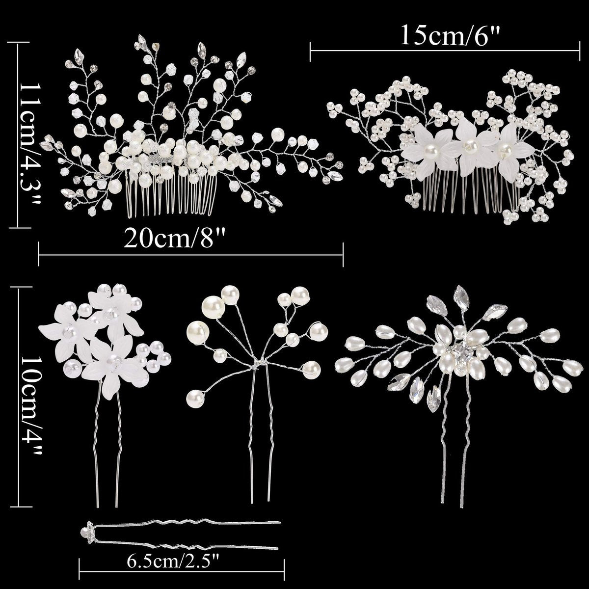 inSowni 30-Piece Silver Wedding Bridal Hair Side Combs & U-Shaped Hair Pins Set with Rhinestone Pearl Baby Breath White Flower Decorations Avelisse